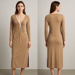 Abercrombie&Fitch Rutched Deep V Neck Long Sleeve Midi Dress XL Camel Tan Y2K